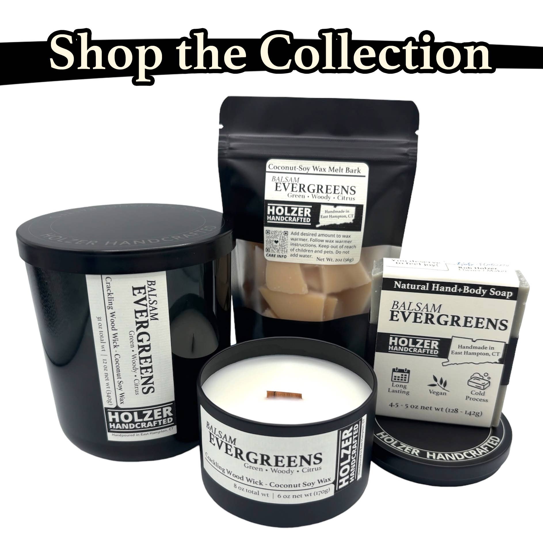 Holzer Handcrafted ® - Vente Bougie en bocal - Bougie à mèche en bois Balsam Evergreens - Parfum de baume + baie de laurier + sapin de Fraser | Naturelle | Cire de noix de coco et soja coulée à la main | Boîte noire moderne de 170 g avec couvercle | Fait main | Parfum de luxe non toxique sans phtalates5