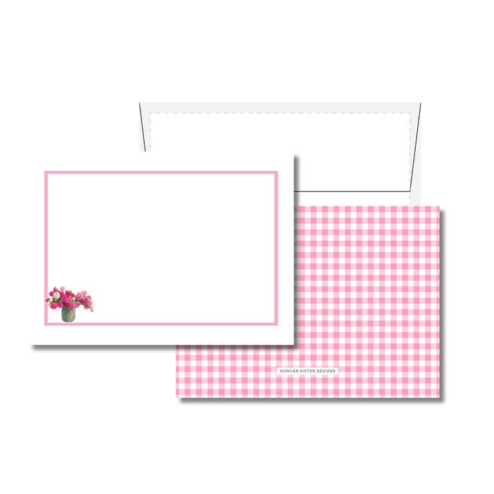 Tarjetas de notas con flores rosas y cuadros vichy – Juego de 8, fabricado en EE. UU. para venta al por mayor de Duncan Sister Designs