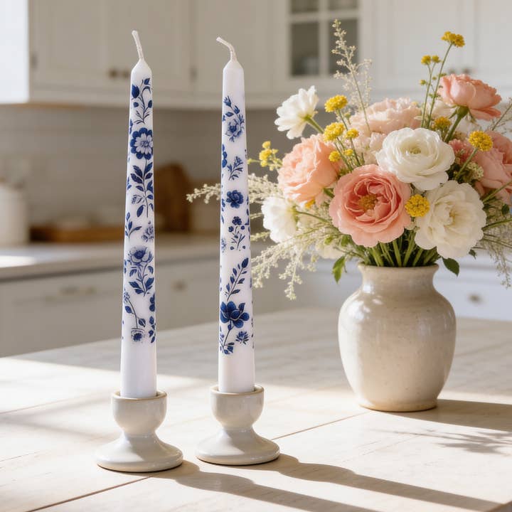 Blue Floral Chinoiserie Taper Candles for Decor and Gifts for wholesale by Designs by Michaela