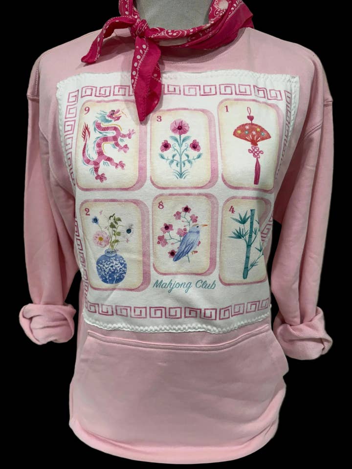 Mahjong Club Patch on Light Pink Front Pocket FT Sweatshirt for wholesale by Bling-A-GoGo, LLC