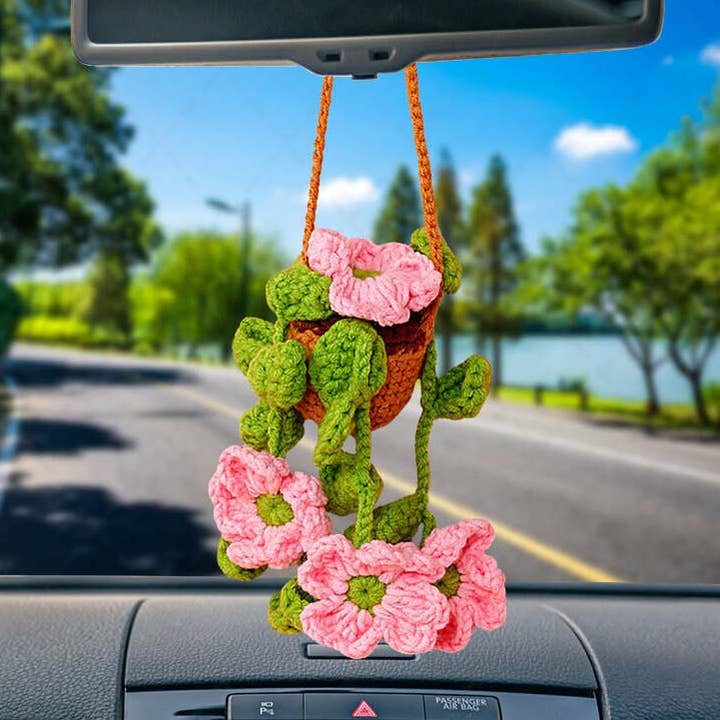 Crochet Dogwood Flower Plant Basket Car Mirror Hanging Charm for wholesale by TOMOPOD LLC