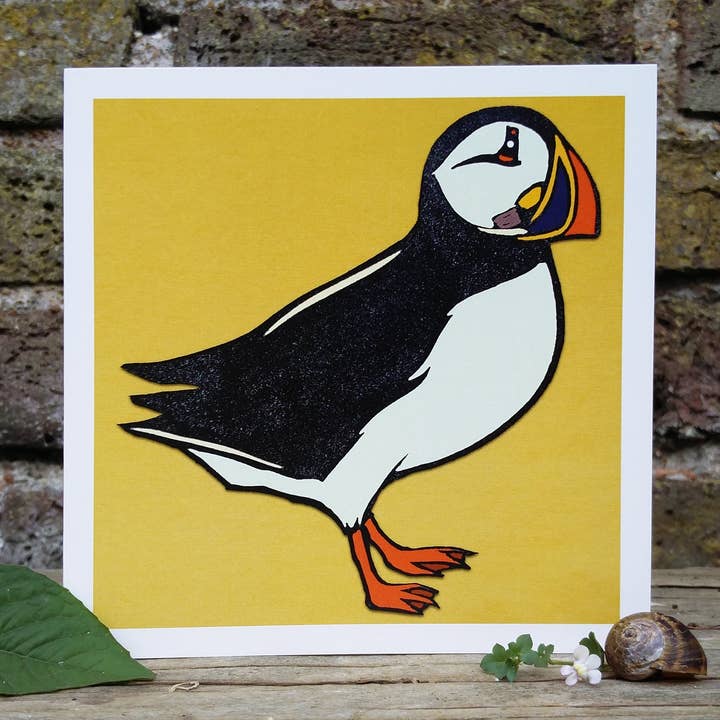 Lino Puffin Blank Greetings Card for wholesale by Little Plover