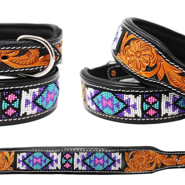 Collier pour chien Amish 100 % cuir rembourré à perles, fleuri, usiné à la main 60168 pour la vente par Challenger