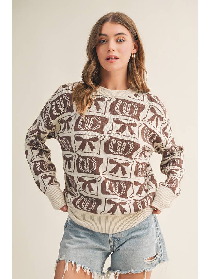 Aapparella - Wholesale Knit Sweater - Women's - Bows & Horseshoes Fashion Western Pattern Sweater | S-4X5