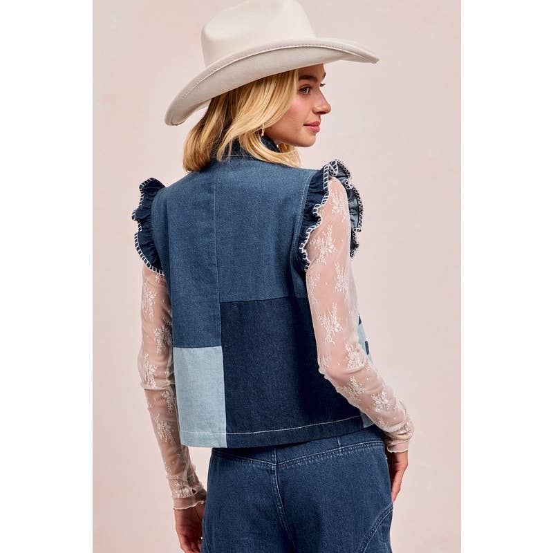 Washed Denim Vest With Block And Shirring Details for wholesale on Faire9