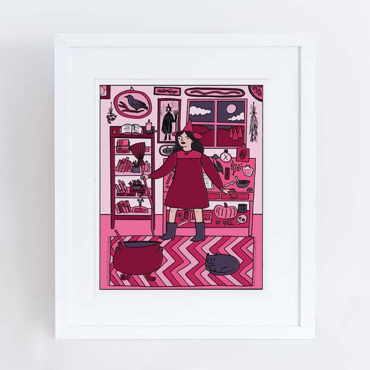 Aviate Press – wholesale Art print – Pink Witch Halloween Illustrated Print0