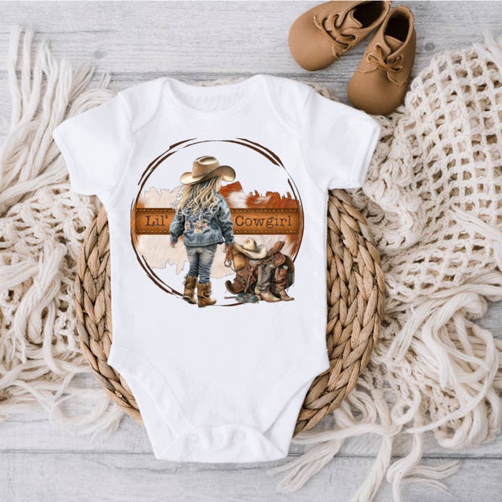 Lil Cowgirl, Lil Cowboy Western Baby Onesie for wholesale by AvaryMaeInspirations