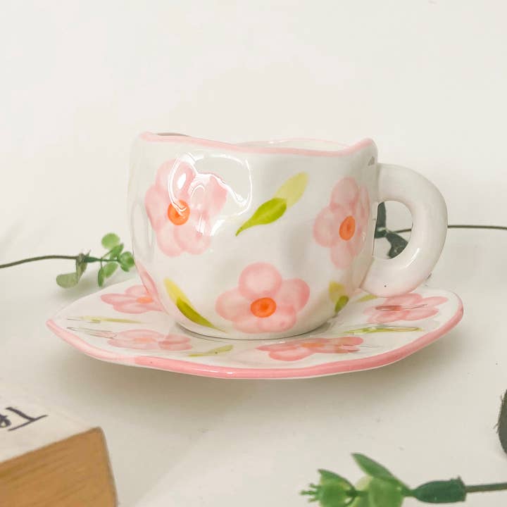 Rosa blommig keramisk mugg och tefat set för wholesale av Chow's Stories