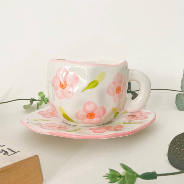 Chow's Stories – wholesale Coffee mug – Pink flower ceramic mug and saucer, Folk hand painted mug