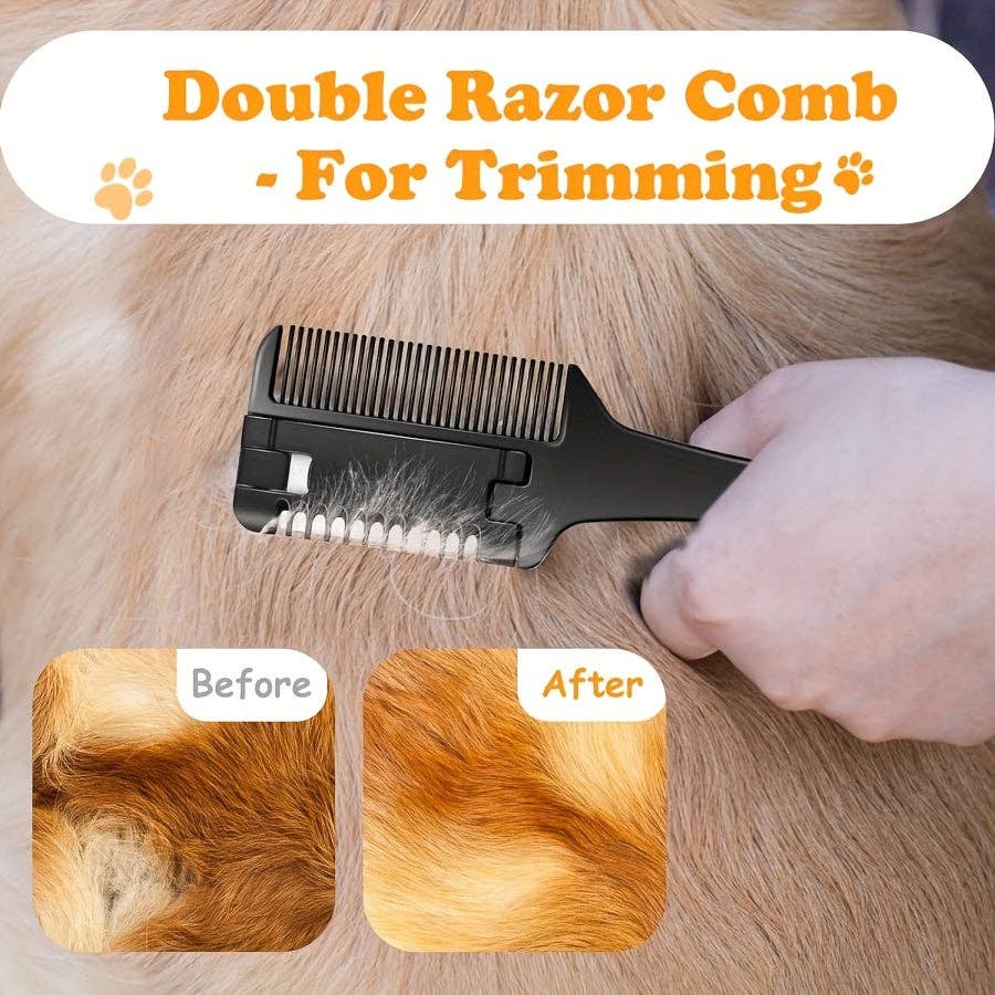 DIYSTORE – wholesale Pet grooming tool – Dog – Pet Razor Comb with 10 Replacement Blades, 2-in-1 Dog & Cat Hair Trimmer and Groomer - PP Material Double-Sided Cutting Comb for Various Breeds - Safe Grooming Tool for Shedding and Thinning - For Dog & Cat Owners - Suitable for Regular Grooming1