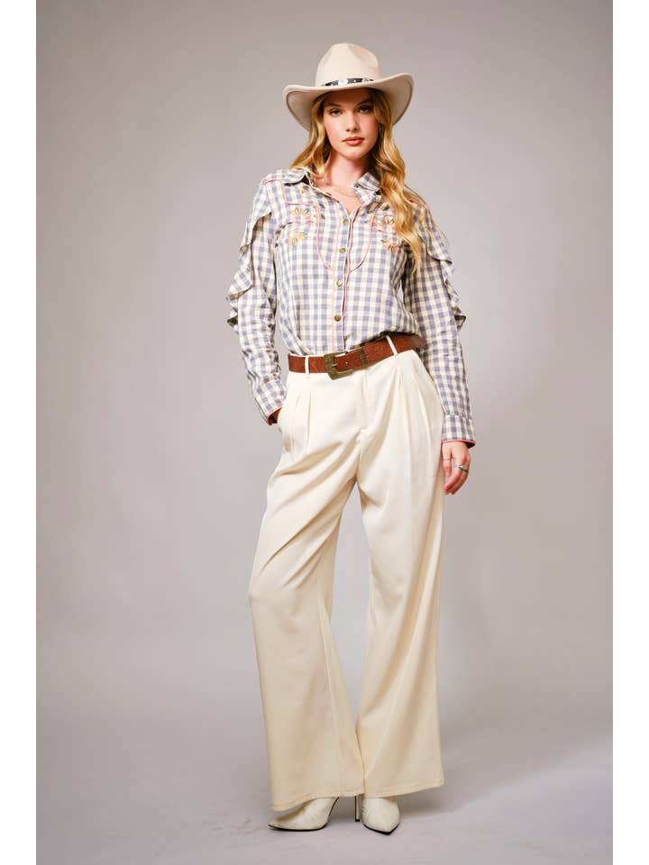 GREY 23566T - Gingham Embroidered Western Snap Blouse for wholesale on Faire