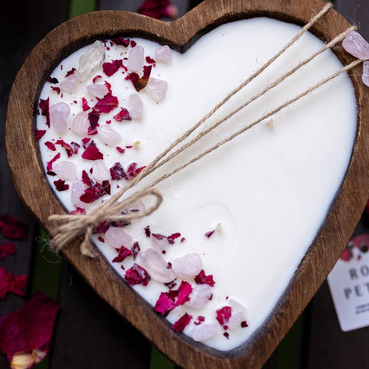 MySunshineCandless - Wholesale Jar/Filled Candle - Beautiful Heart Wood Dough Bowl Candle/Crystals & Flowers 3 Cotton Wick5