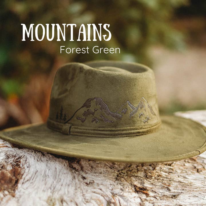 Pacific Wren Art & Design - Wholesale Fedora - Women's - Wood-Burned Wide Brim Rancher Hat - Mountain Collection
