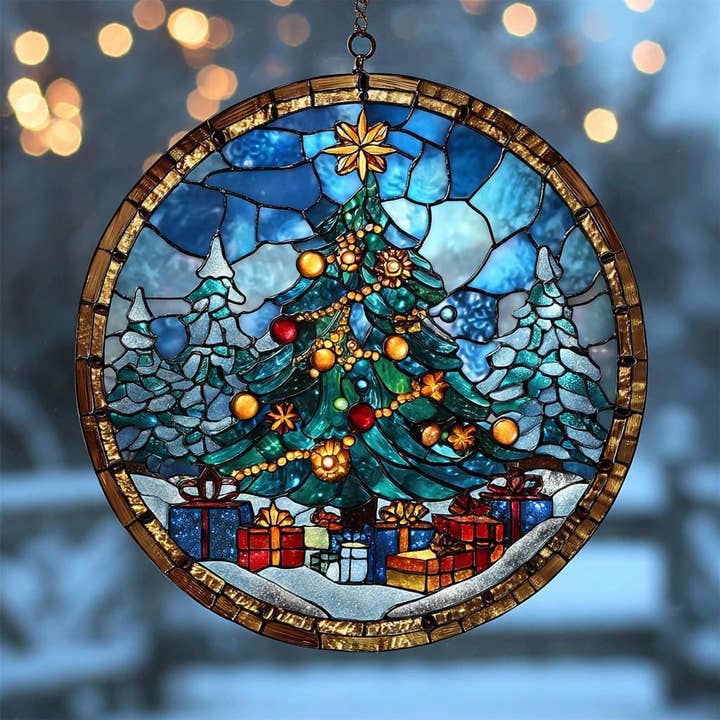 Festive Christmas Tree Stained Glass Suncatcher, Holiday Art for wholesale by TMLECOM LTD