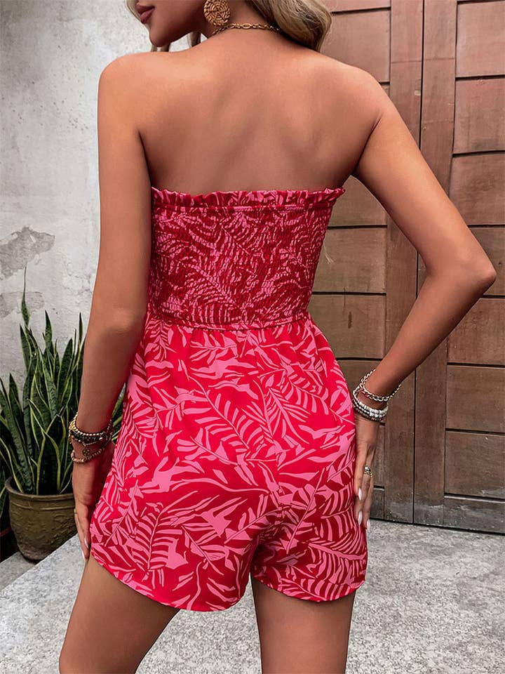 RED ONE-LINE SHOULDER ELASTIC PRINT TOP UP JUMPSUIT for wholesale on Faire5