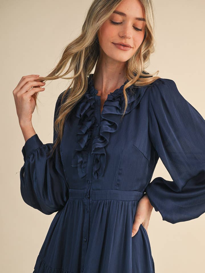 &MERCI - Wholesale Dress - Women's - RUFFLE TIERED NECKLINE BUTTON DOWN MIDI DRESS MDR41991