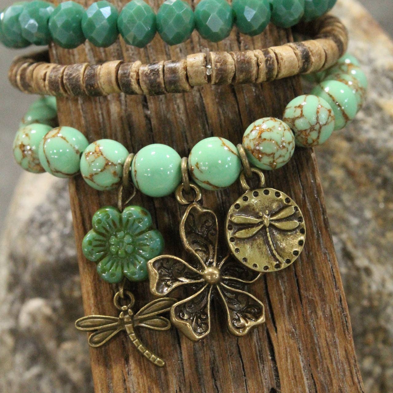 The Primitive Peddler, Inc. - Wholesale Charm/Dangle Bracelet - Picasso Wildflower Glass Bead Dragonfly Bracelet Set3