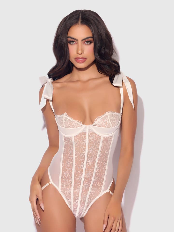 PEARL IVORY ROSALIE EMBROIDERED LACE TEDDY for wholesale on Faire7