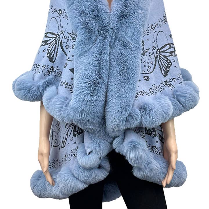 P3114_Grey Color Fur Trim Shawl/poncho with Arm Hole for wholesale by Jasper Trading LLC