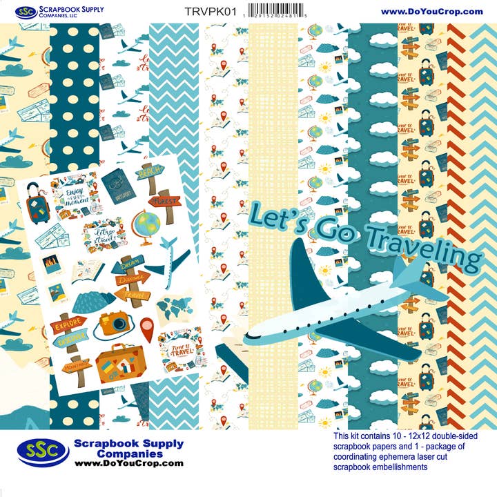 Let's Go Traveling 12 x 12 Scrapbook Paper & Embellishment Kit by SSC Designs - 3 Kits for wholesale by SSC Wholesale
