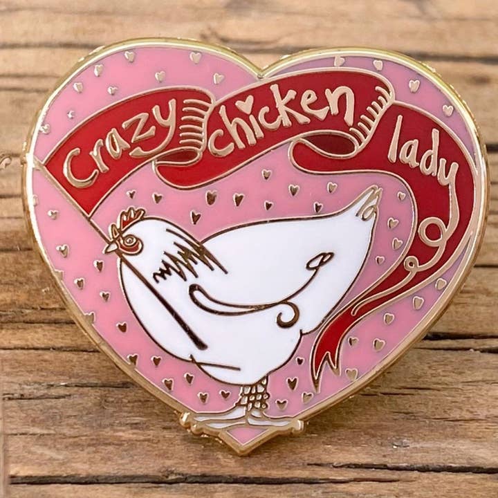 Crazy Chicken Lady - Enamel Pin for wholesale by Bridget Farmer Printmaker
