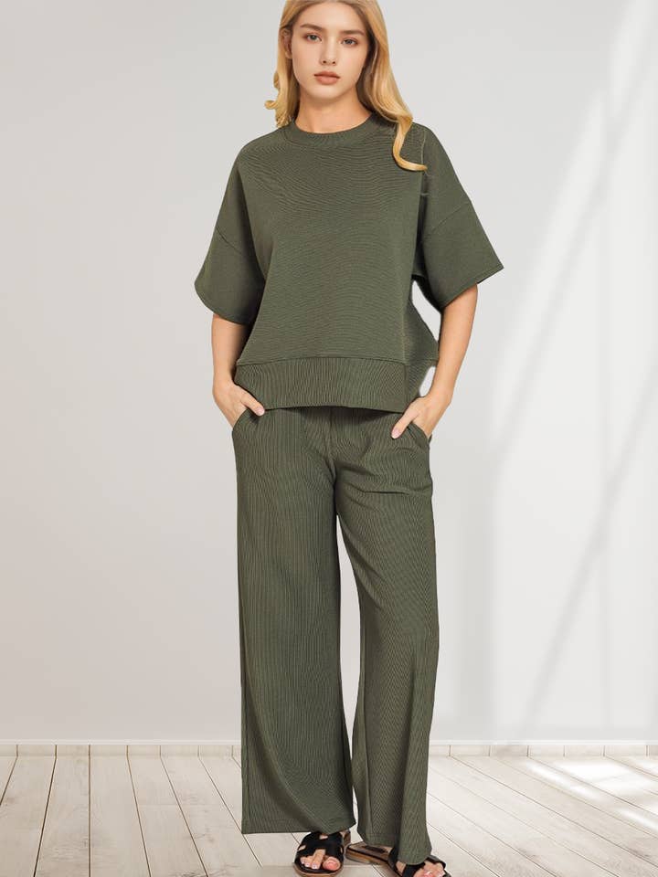 ..._ 0909 Ribbed Round Neck Tee & Pants 2PC Set SI-28757 for wholesale by 42POPS