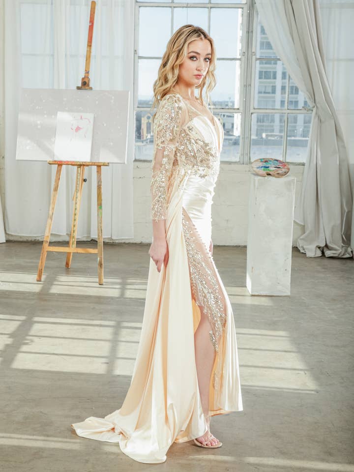 La Veneto - Wholesale Dress - Women's - V-neckline, gathered side waistline, leg slit & draping sash12