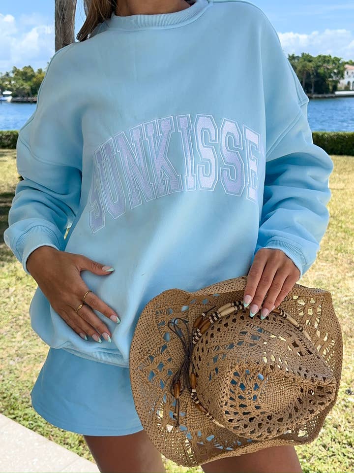 Icy Blue Sunkissed Varsity Embroider Sweatshirt for wholesale on Faire