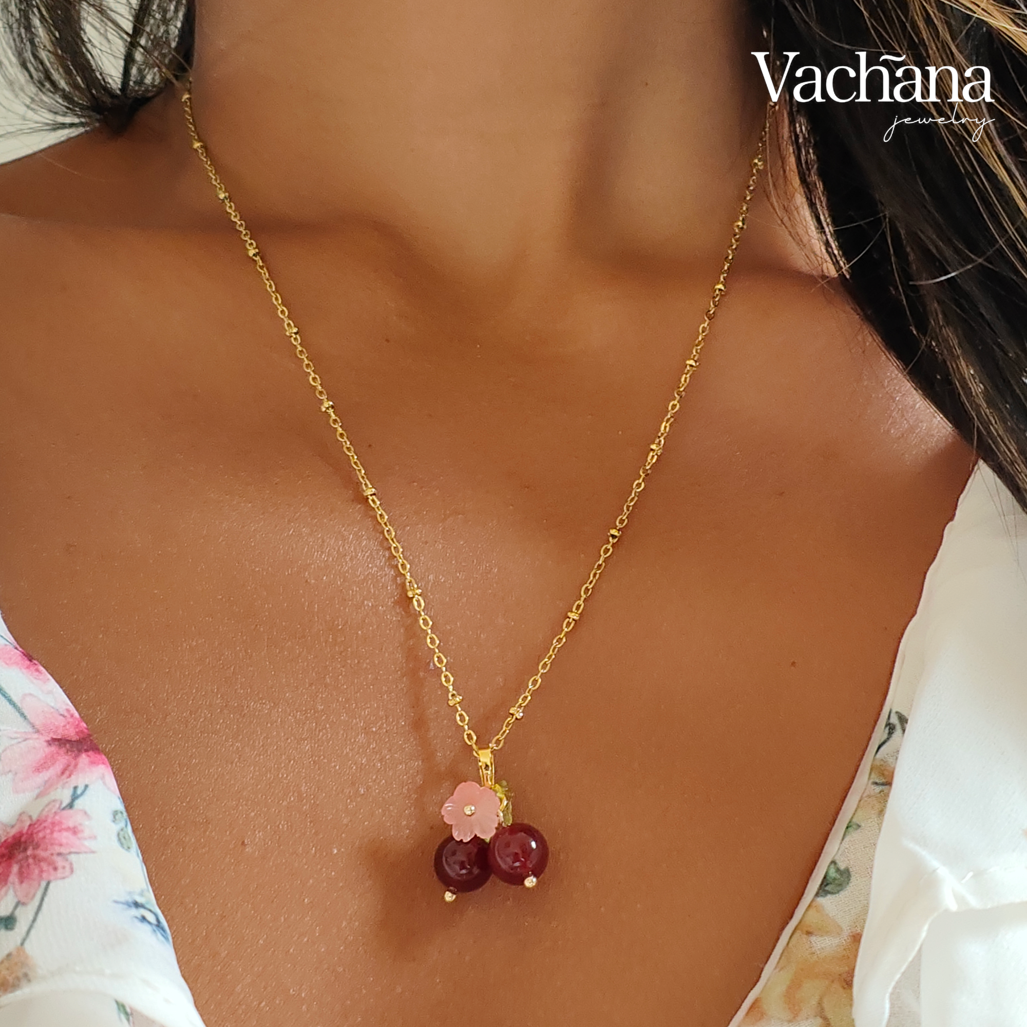Vachana – wholesale Pendant/charm necklace – Dainty Red Ruby Cherry Necklace1