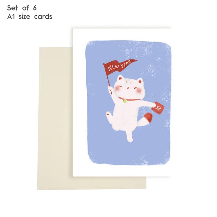 Conjunto de 6 cartões de Natal Neko de Ano Novo por atacado de New Moon Paper Goods