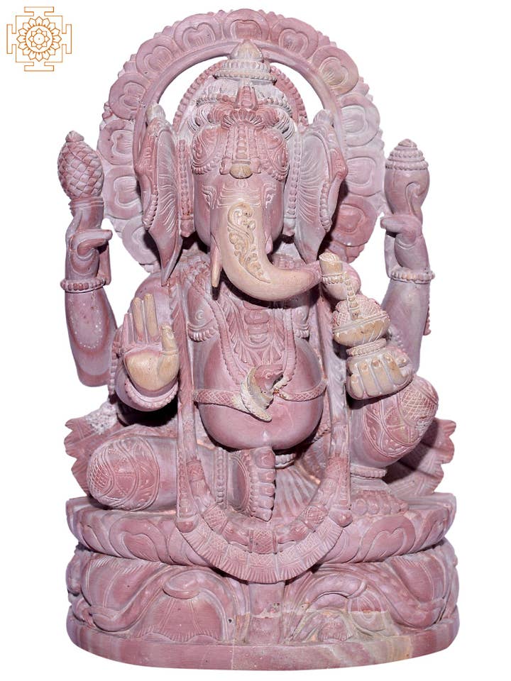 12" Ganesha Seated In Lotus | Stone Statue for wholesale by Exotic India Art