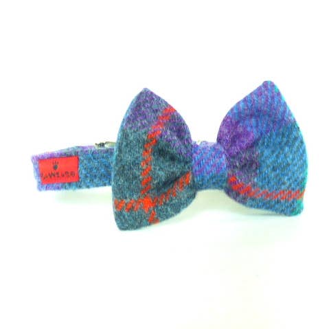 (Barra) Harris Tweed® Bow Tie Dog Collar - Berry Blue Check for wholesale by BOWZOS