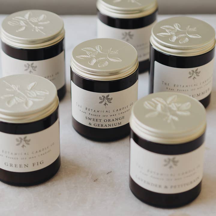 The Botanical Candle Co. - Wholesale Jar/filled candle - Scented Soy Wax Candles 180ml Amber Glass Jars
