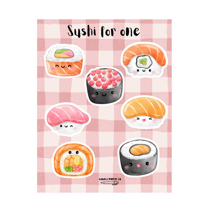 Feuille d'autocollants Kawaii Sushi avec 5 autocollants sur le thème du café pour la vente par Wonky Paper Co