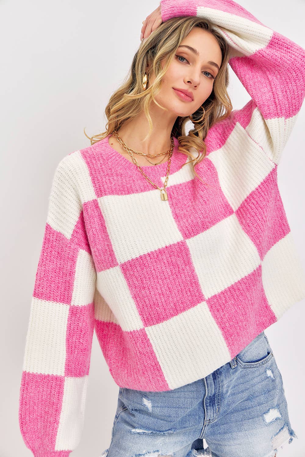 Sweet Lovely by Jen - Wholesale Knit Sweater - Women's - CASUAL SOFT COZY  RELAXED FIT CHECKER KNIT SWEATER17