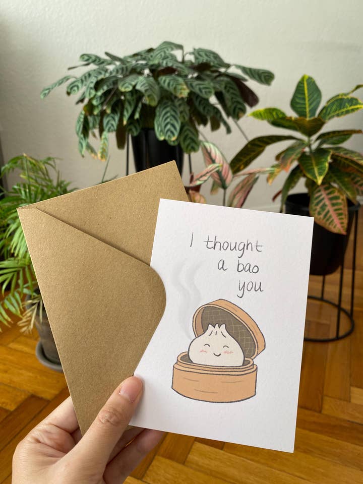 Cartão Fofo Bao a Pensar em Ti com Envelope por atacado de Chumi Studio