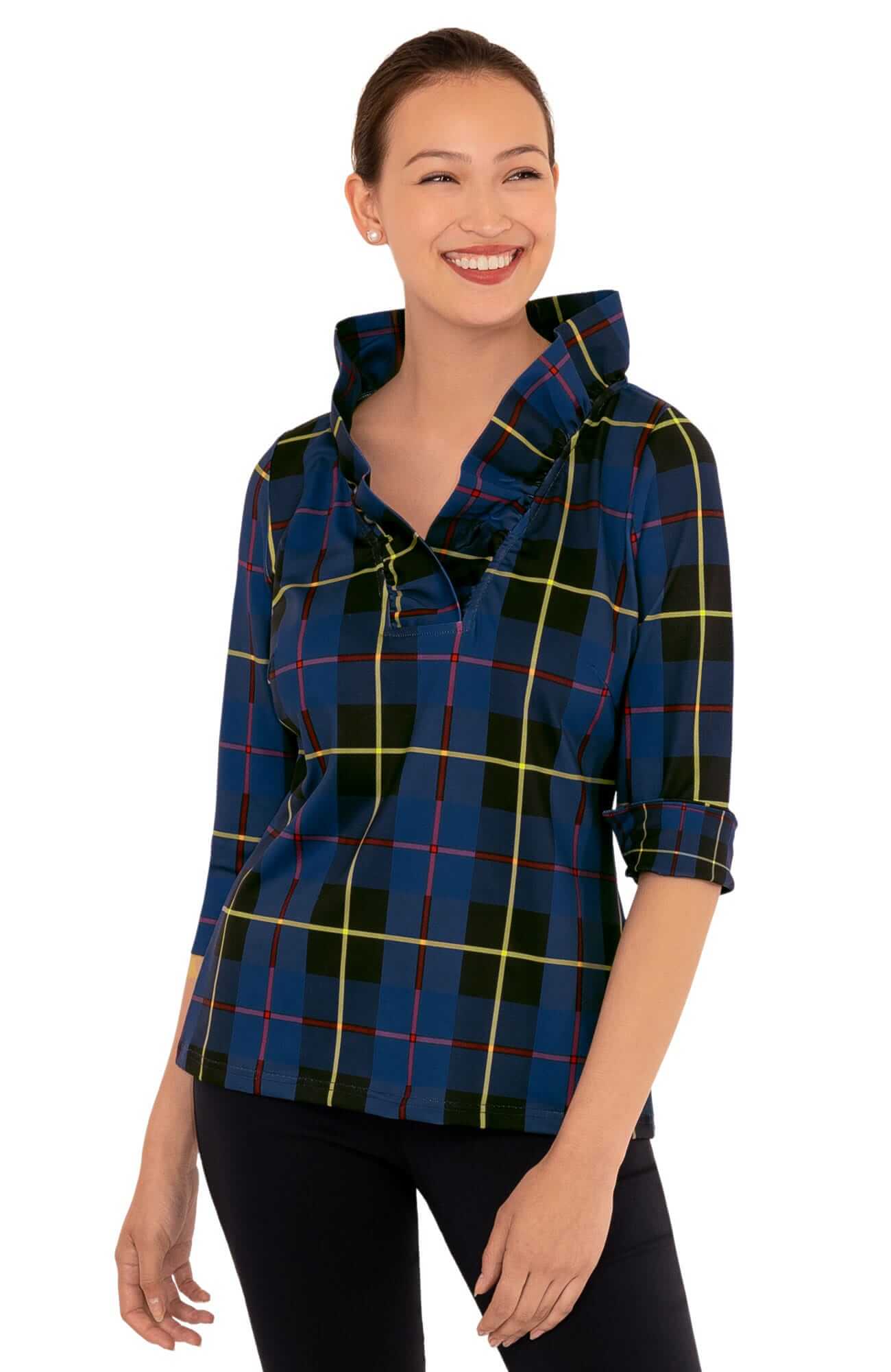 Gretchen Scott LLC – wholesale Blouse – Women’s – Ruffneck Top - Plaidly Cooper5