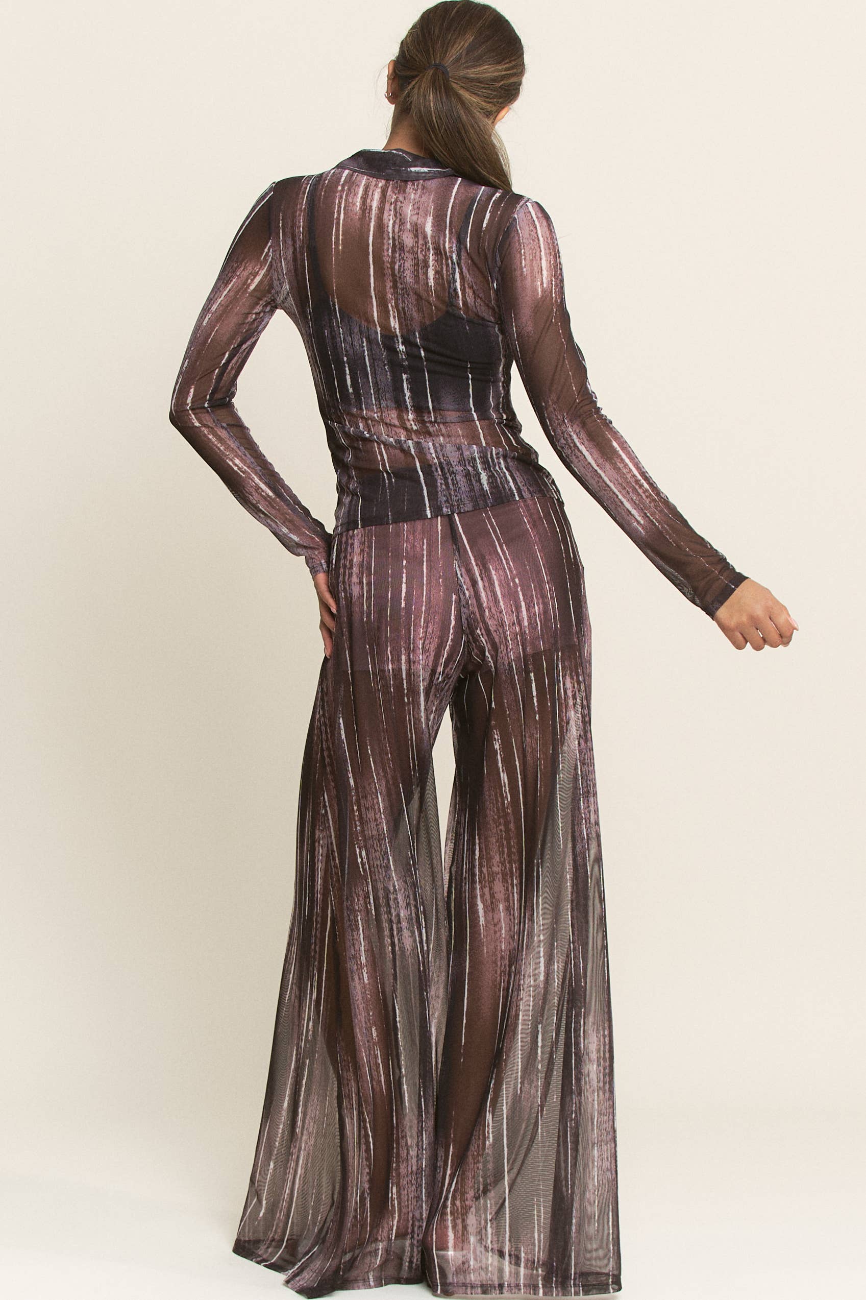 YNEZ - Wholesale Pants - Women's - Vibrant Stripe Print Sheer Wide Leg Cocktail Going Out Pant20