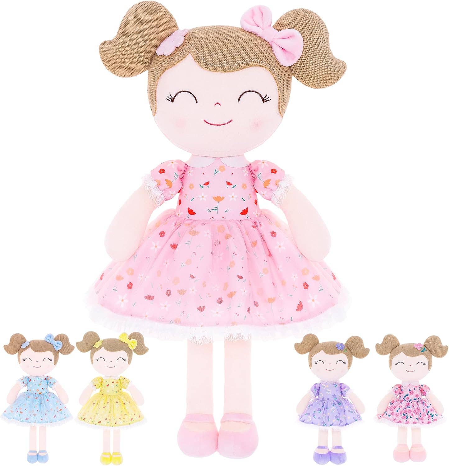 Tiny Tots Boutique – Engroshandel Dukke - Børn – Lyserød blomsterplysdukke med lysebrunt hår3