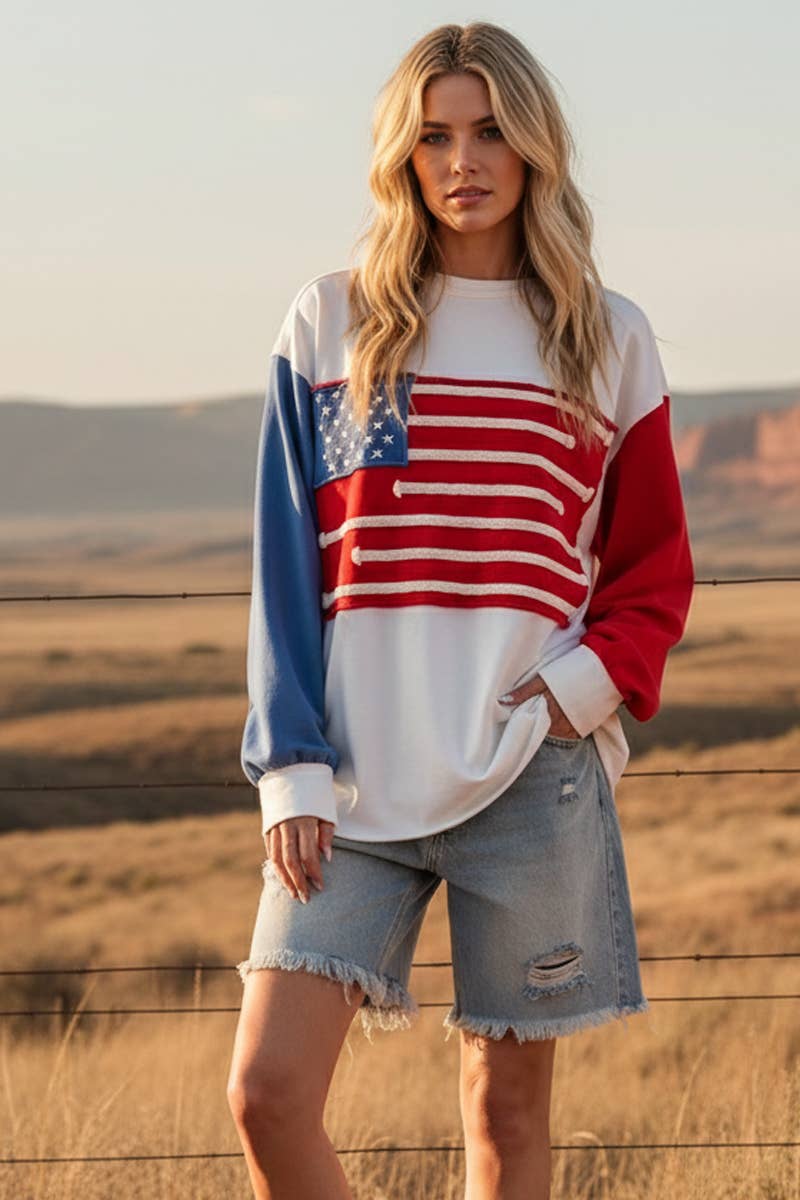HVID/RØD/BLÅ 4. JULI FRENCH TERRY AMERIKANSK FLAG SWEATSHIRT for engroshandel på Faire0