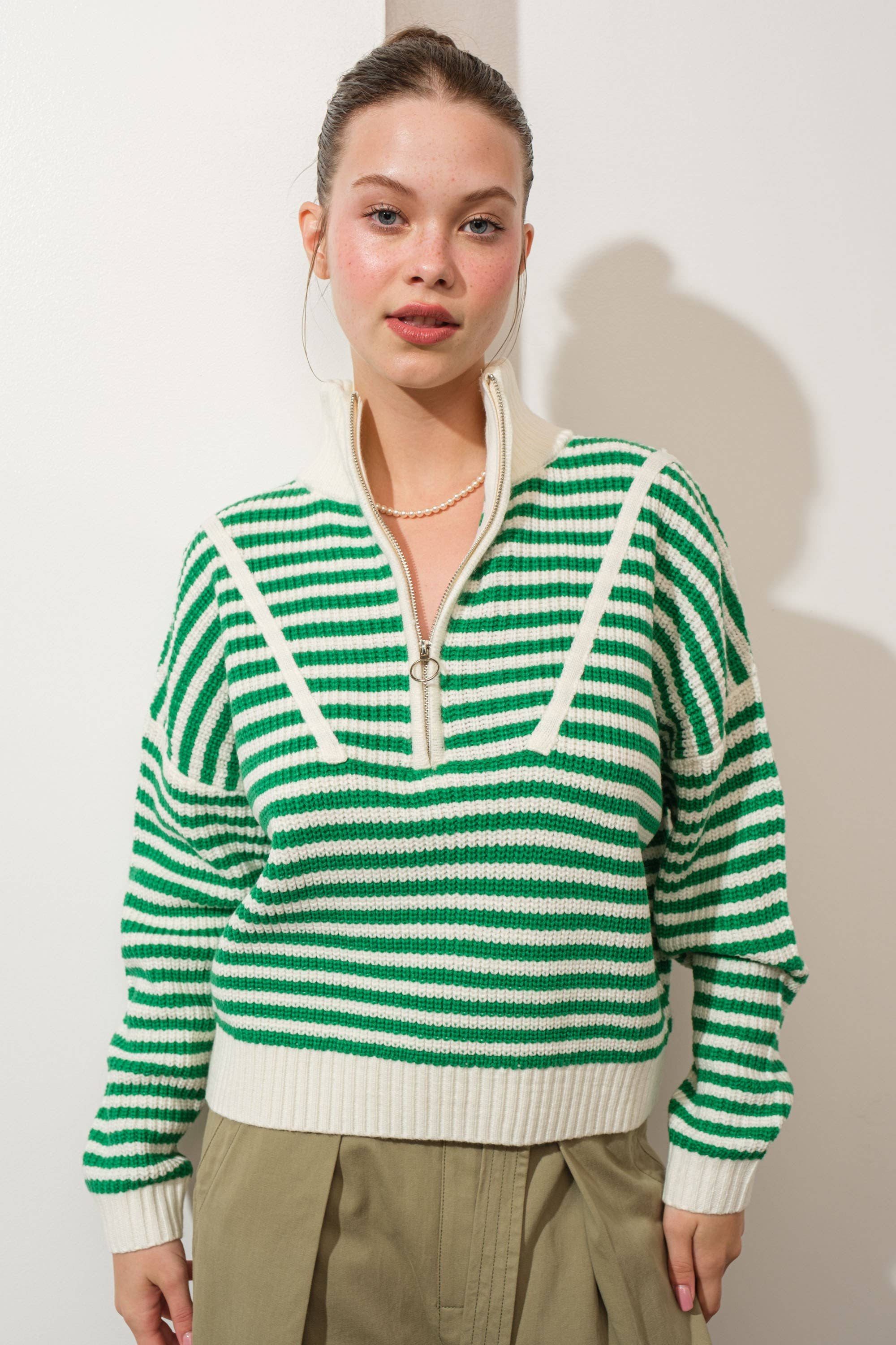 Creamon - Wholesale Knit Sweater - Women's - Preppy Californian Half-zip Striped Sweater-GREEN4