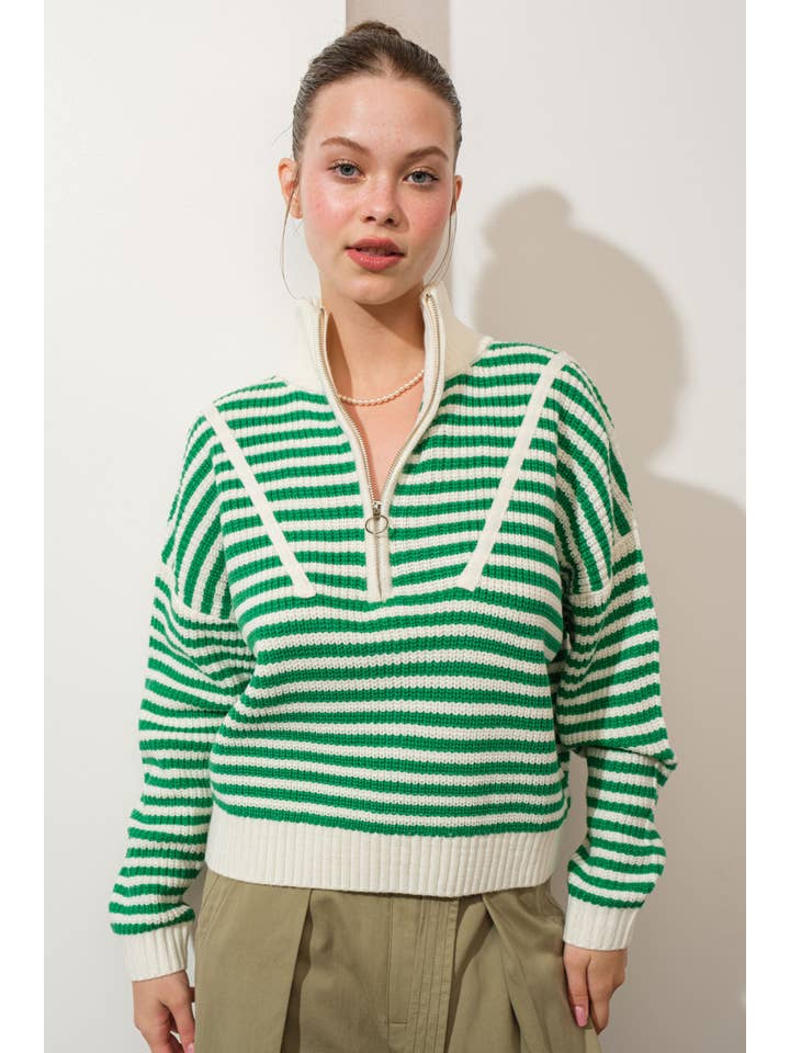 Creamon - Wholesale Knit Sweater - Women's - Preppy Californian Half-zip Striped Sweater-GREEN4