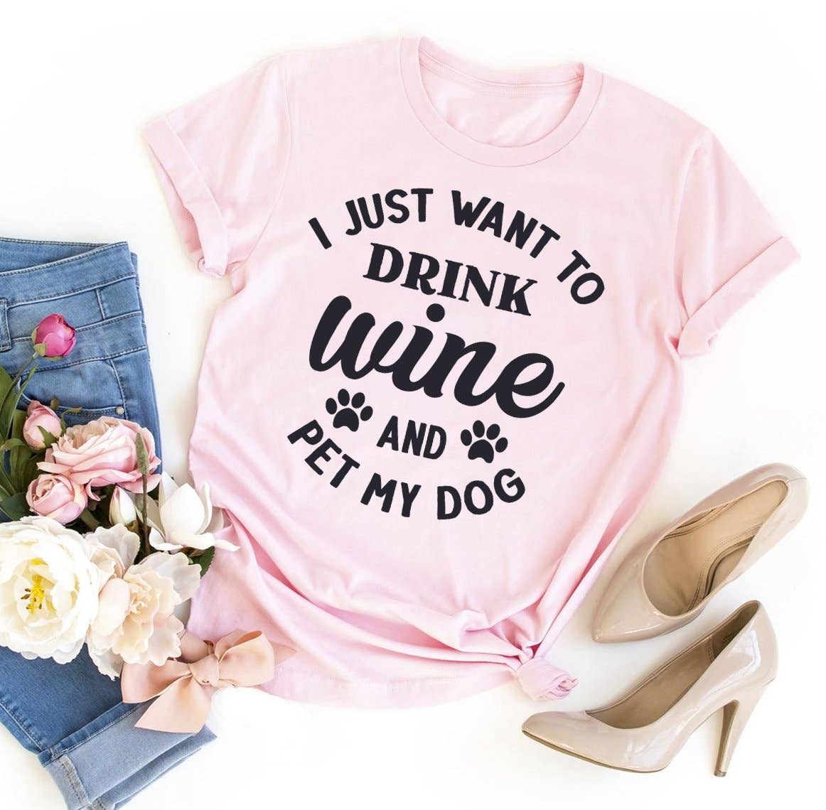Furr-Baby Gifts - Wholesale Screen Printed T-Shirt - Women's - I Just Want To Drink Wine And Pet My Dog T-shirt