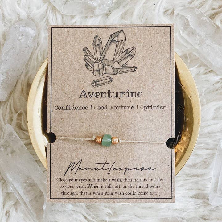 Aventurine Crystal Wish Bracelet with Hemp Cord & Gold Beads for wholesale by MountInspire Ltd.