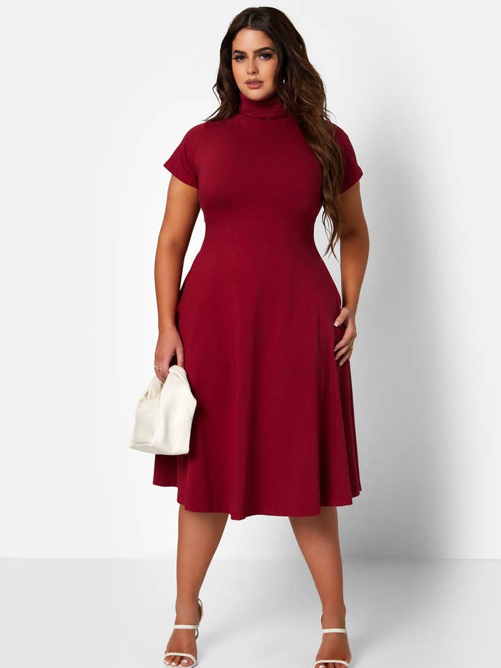 Queen Bae Turtleneck Skater Midi Dress - Burgundy for wholesale by REBDOLLS