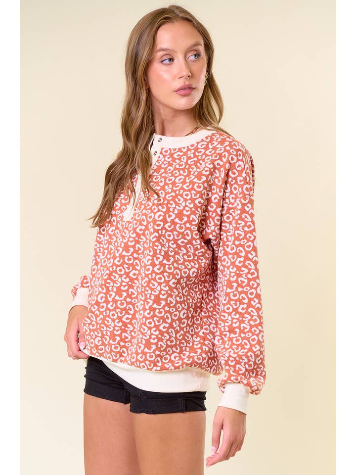 BURNT ORANGE LEOPARD Jacquard Half Snap Button-Down Sweatshirt - 44608T for wholesale on Faire