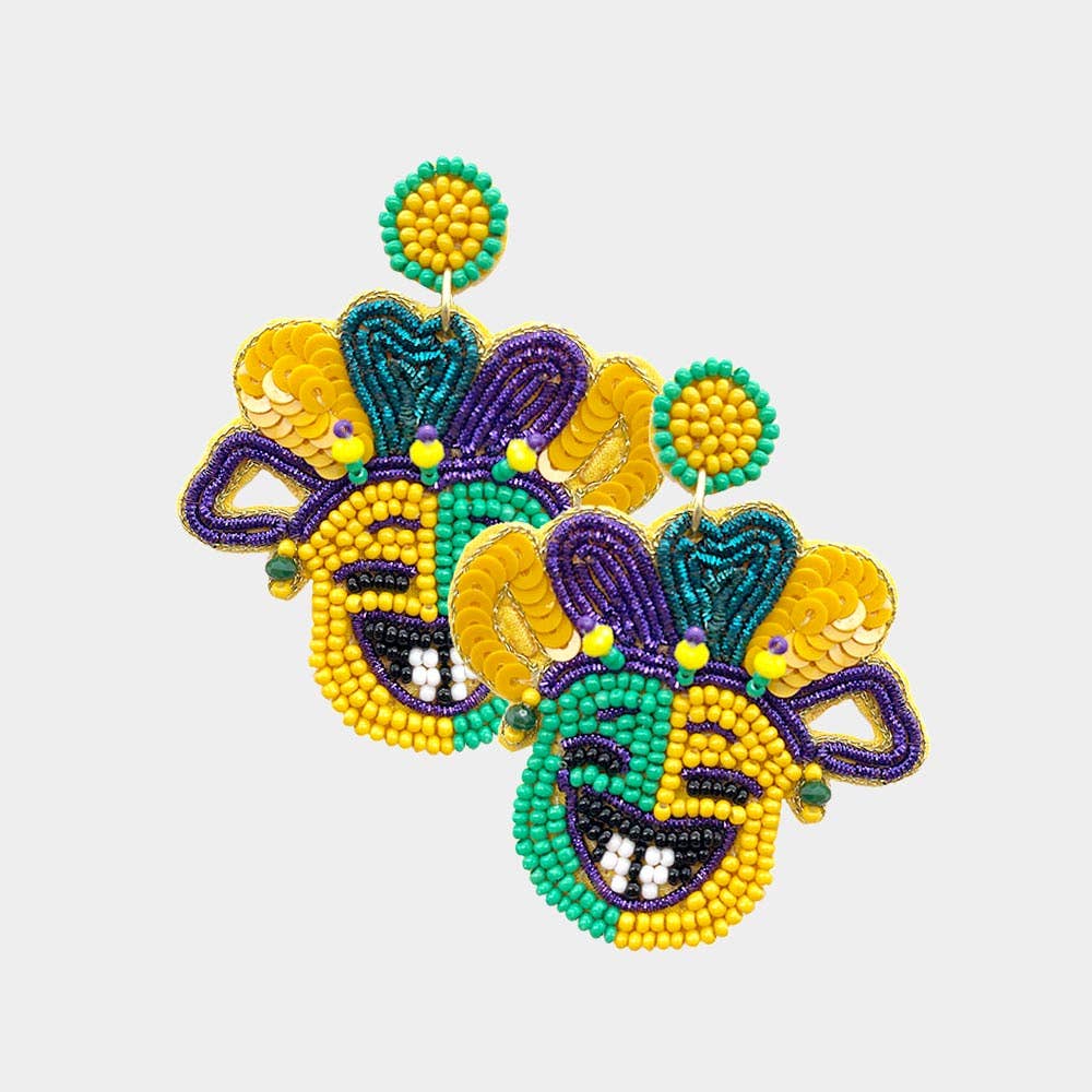 Sensibling Corp. - Wholesale Dangle earrings - Felt Back Seed Beaded Mardi Gras Mask Dangle Earrings