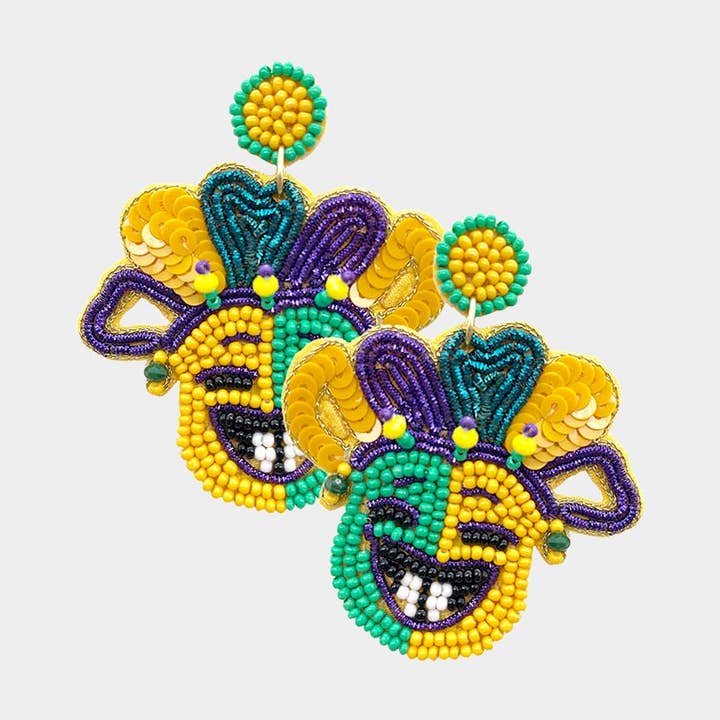 Sensibling Corp. - Wholesale Dangle earrings - Felt Back Seed Beaded Mardi Gras Mask Dangle Earrings0