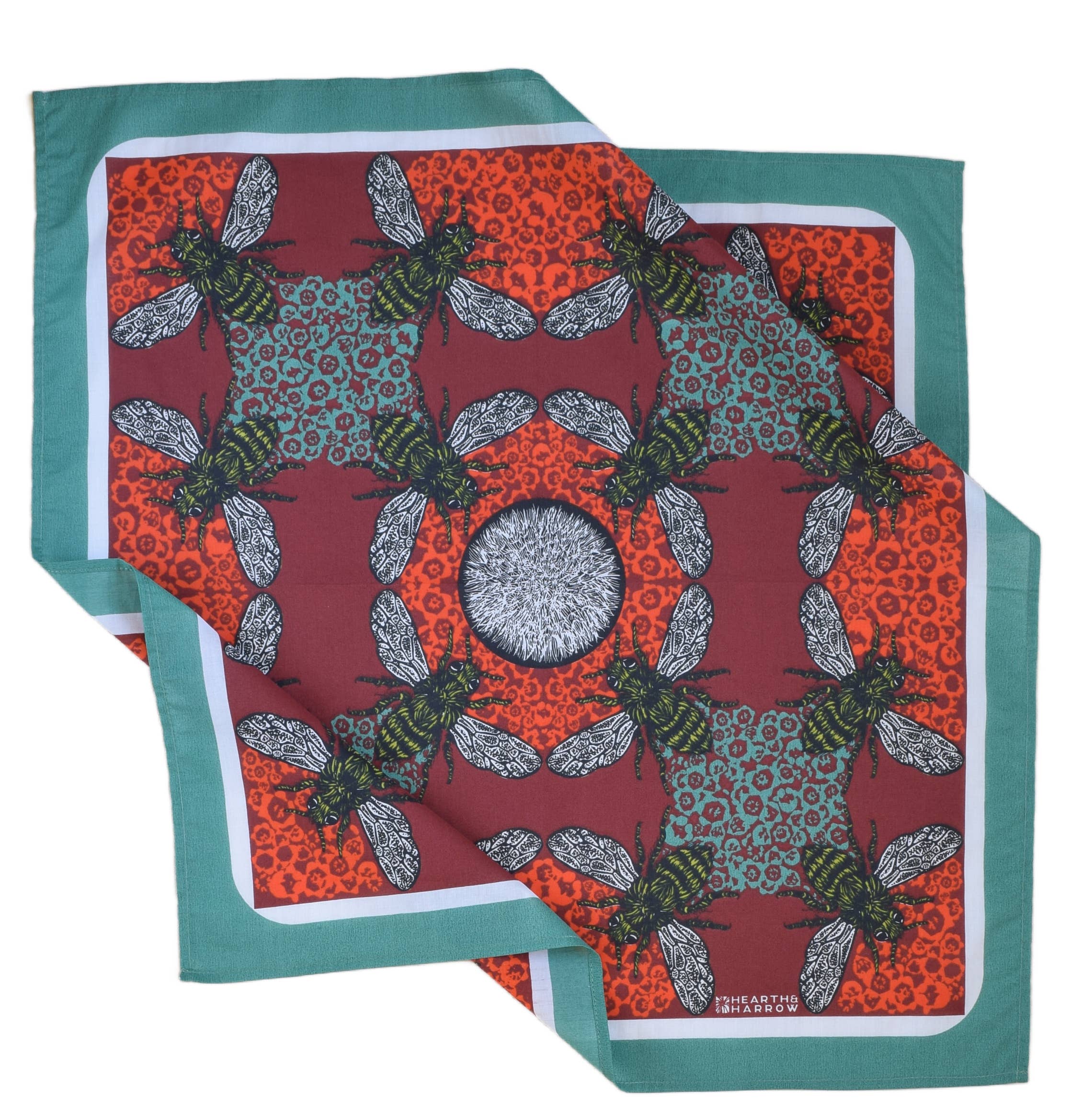 Hearth and Harrow - Wholesale Bandana - Unisex - Honeybee Bandana - 100% Cotton - Red and Teal - Hand Printed