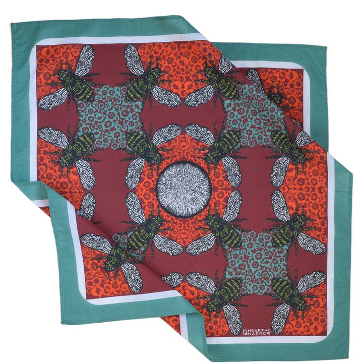 Hearth and Harrow - Wholesale Bandana - Unisex - Honeybee Bandana - 100% Cotton - Red and Teal - Hand Printed0